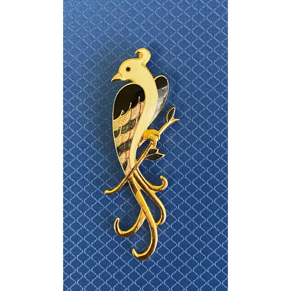 Vtg Bird of Paradise Enameled Brooch, Gold tone, Unsigned, EUC